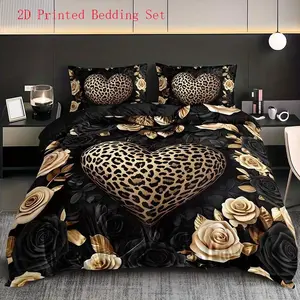 Leopard print heart-shaped flower Bedding 3-piece set, Bed Sets Supplies, suitable for bedrooms and guest rooms, including 2 pillowcases and 1 duvet cover (unfilled) polyester material, suitable for all seasons, preferred for Valentine's Day