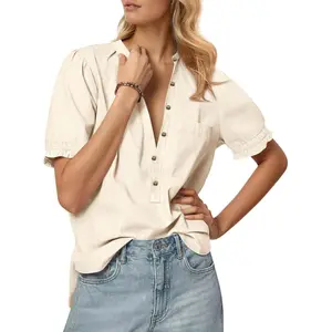 Imily Bela Womens Puff Short Sleeve Blouses Summer Casual Half Button Down Collared Shirts Cotton Loose Fit Work Tops