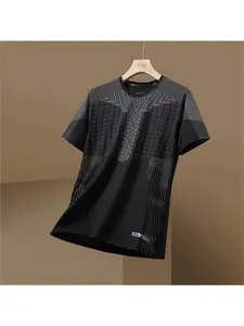 New men's breathable round neck T-shirt with letter pattern printed thin outdoor badminton training running quick drying top
