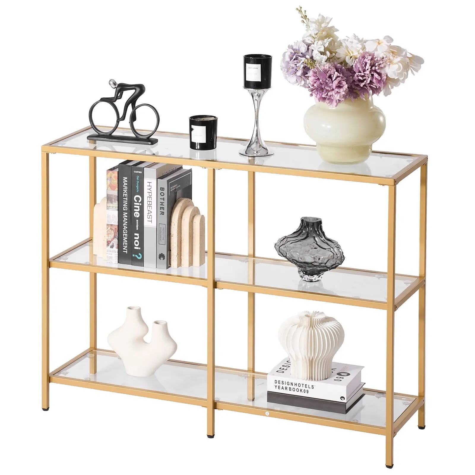 3-Tier Glass Console Table - Modern Rectangle Sofa Side Table With Tempered Glass Top And Iron Legs, Golden Finish Console Desk With Anti-Tip Device For Living Room, Hallway, Entryway, Foyer, Corner Accent, Durable Steel Frame