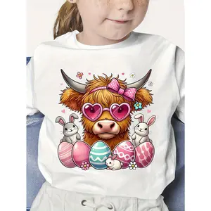 1pc Boys & Girls Cute Highland Cow Easter T-Shirt with Bunnies & Pink Hearts - Soft Stretch Knit Crew Neck Short Sleeve Tee, Spring Summer Fall Casual Top, Pink Bow & Scottish Cow Print Outfit for Kids