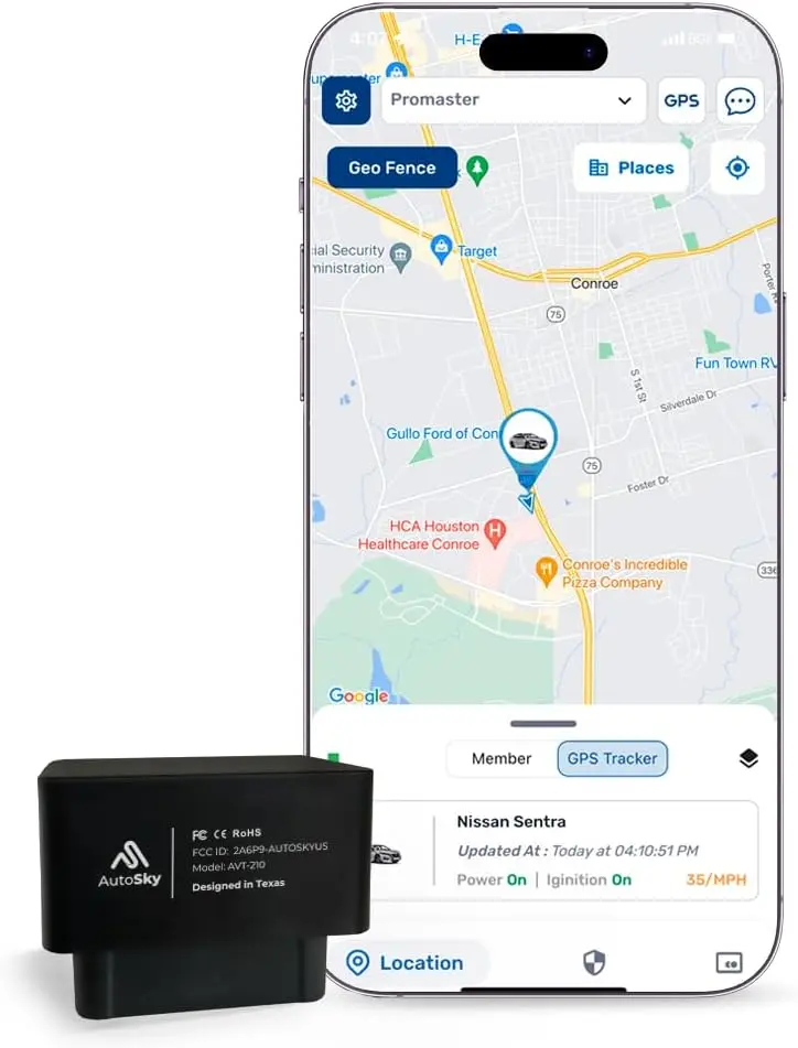 AutoSky AVT-210 4G LTE OBDII Plug-In Vehicle GPS Tracker Device, USA-Developed, 4G LTE Coverage, Ignition Alerts, Trip History, GeoFence, for Family or Fleets, Manufacturer Warranty