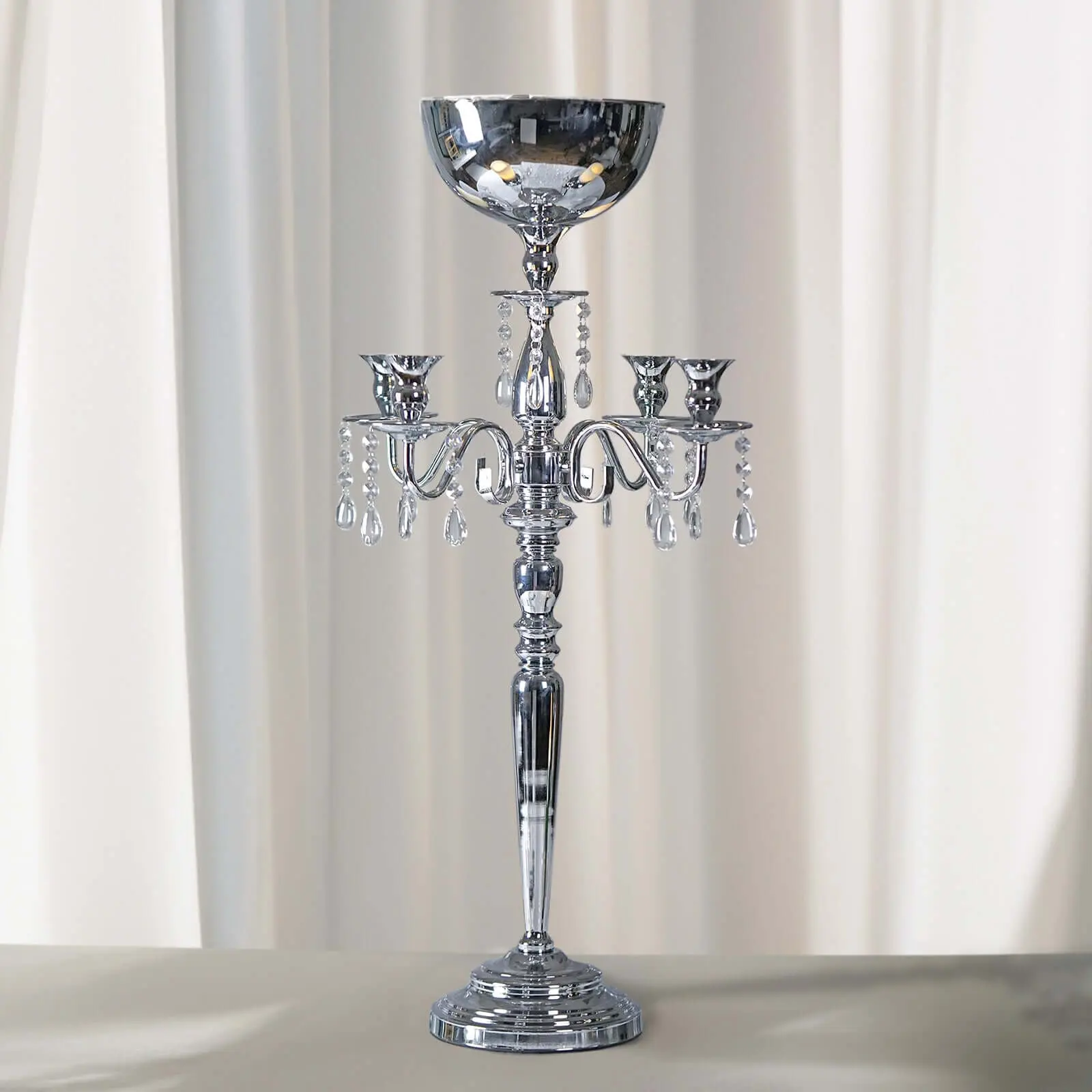 Luxury Large Metal Candleholder, 33" 4-Arm Silver Candelabra with Flower Vase Bowl - Home Decor, Room Decor Table Centerpiece for Weddings, Birthday