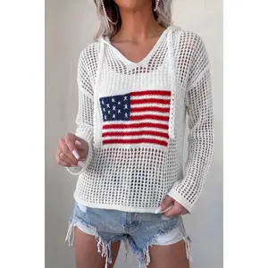 White Hollow Out Crochet Knit American Flag Patched Sweater Hoodie