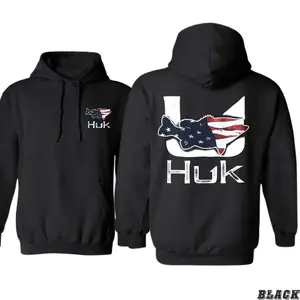 Huk American Flag Fish Logo Hoodie – Patriotic Fishing Pullover, Outdoor Performance Hoodie for Anglers and Fishermen