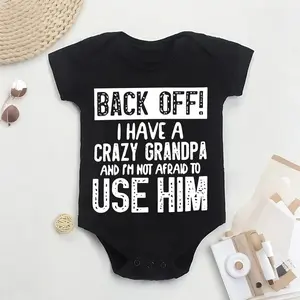 Cute  Baby Bodysuit with "Back Off! I Have a Crazy Grandpa" Print, Round Neck, Button Detail, Regular Fit, All Seasons Knitted Fabric Onesie