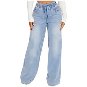 Fashionable Loose-Fit Long Pants Cotton Denim Jean Women's Baggy Sweatpants with Drawstring High Waist Sky Blue Wideleg Trouser Streetwear Style