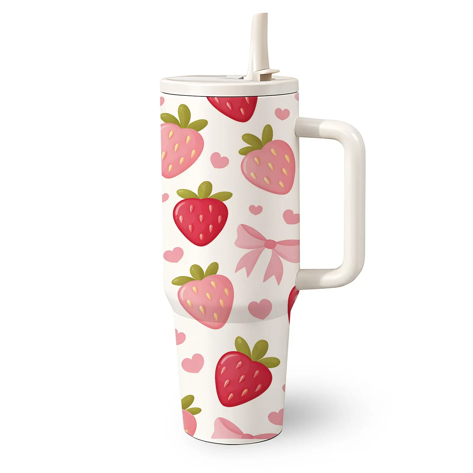 1 Pc 40 Oz Stainless Steel Water Cup with Handle and Foldable Straw, Strawberry and Heart Fresh Pattern Design, Double Wall Insulated Thermal Mug, Hot 6H/Cold 12H, Cute Girl Style Tumbler, Mother's Day Gift, Birthday Gift for Girlfriend and Family.