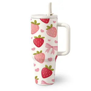 1 Pc 40 Oz Stainless Steel Water Cup with Handle and Foldable Straw, Strawberry and Heart Fresh Pattern Design, Double Wall Insulated Thermal Mug, Hot 6H/Cold 12H, Cute Girl Style Tumbler, Mother's Day Gift, Birthday Gift for Girlfriend and Family.