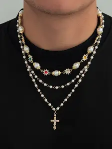 Vintage Metal Cross Pendant Necklace Set, Boho Style Colorful Crystal Imitation Pearl, Hip Hop Daily Wear, Holiday Gift for Men