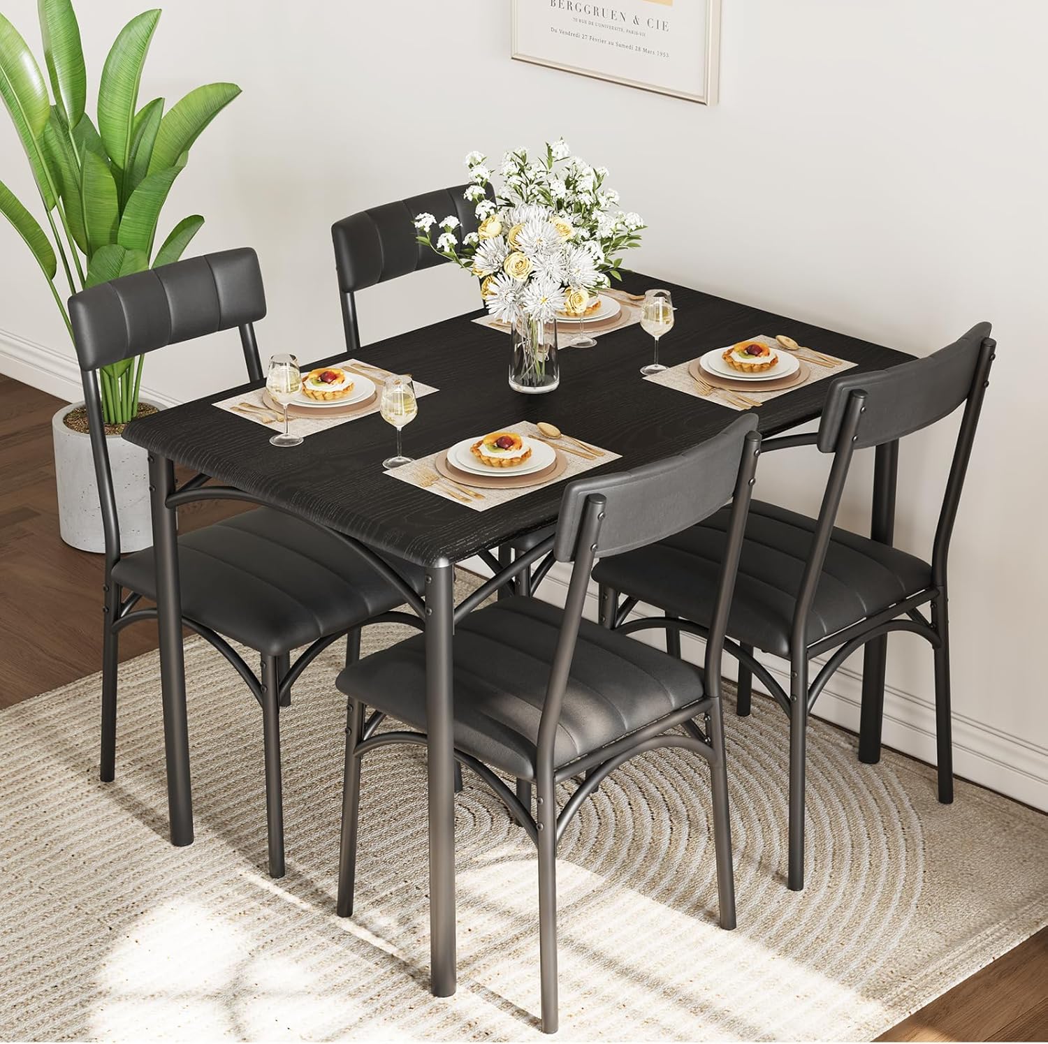 5-Piece Dining Table Set for 4, Modern Farmhouse Kitchen Table with 4 Upholstered Chairs, Space-Saving Dinette for Small Dining Room, Apartment, Breakfast Nook 5-Piece Dining Table Set for 4, Modern Farmhouse Kitchen Table with 4 Upholstered Chairs, Space-Saving Dinette for Small Dining Room, Apartment, Breakfast Nook