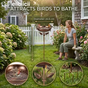 eiibiicii Classic Outdoor Plant-Themed Bird Bath/Feeder, perfect for garden use. Features a five-pronged ground stake and metal leaf decorations. Add water to attract birds—simply filling it with water keeps squirrels away. Makes a great gift.