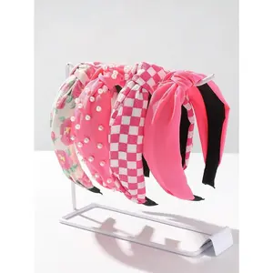 4pcs Fabric Pearls Checkerboard Floral Wide Knotted Elegant Y2K Headbands In Solid Pink, Rose Red, Black, Yellow, Green, Blue And Beige Colors Pink Accessories