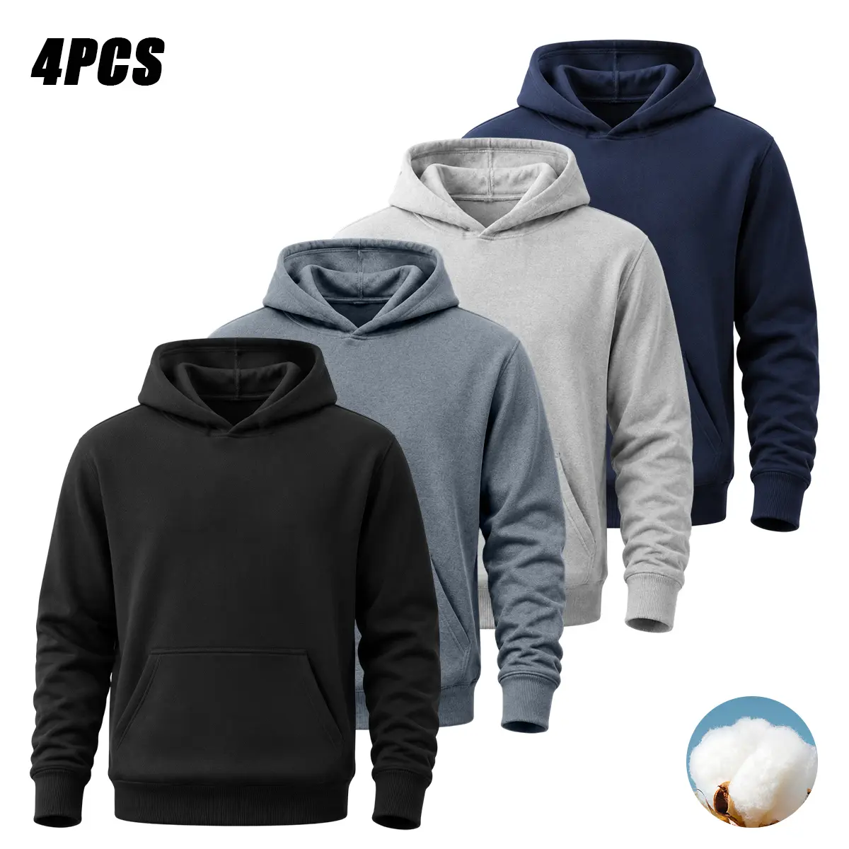 4PCS Men’s Casual Comfortable Hooded Sweatshirt, Stylish Long-Sleeve Hoodie, Versatile Autumn/Winter Top for Everyday Wear