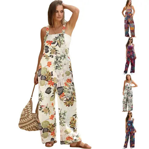UANEO Women's Linen Like Patchwork Dual Pocket Jumpsuit Loose Floral Print Bohemian Wide Leg Bib Overall Casual Womenswear Printed SummerVibes