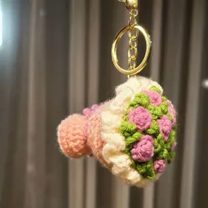 Handmade Crochet Flower Keychain Yarn Bouquet Bag Charm, Present for Girls, Mom, Teacher, Birthday