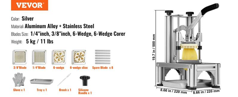 VEVOR Commercial French Fry Cutter with 4 Replacement Blades, 1/4″ & 3/8″ Blade Easy Dicer Chopper, 6-wedge Slicer & 6-wedge Apple Corer, Kitchen Vegetable Fruit Chopper Lemon Potato Cutter for French