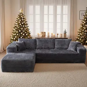 106.2-inch wide casual black velvet checkered fabric four-seater sofa with throw pillows