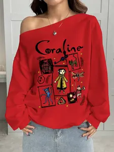 Women's Y2K Style Off-Shoulder Long Sleeve Sweatshirt, Cartoon Print Design, Fitted &, Perfect for Fall Winter Daily Wear, Womenswear Tops