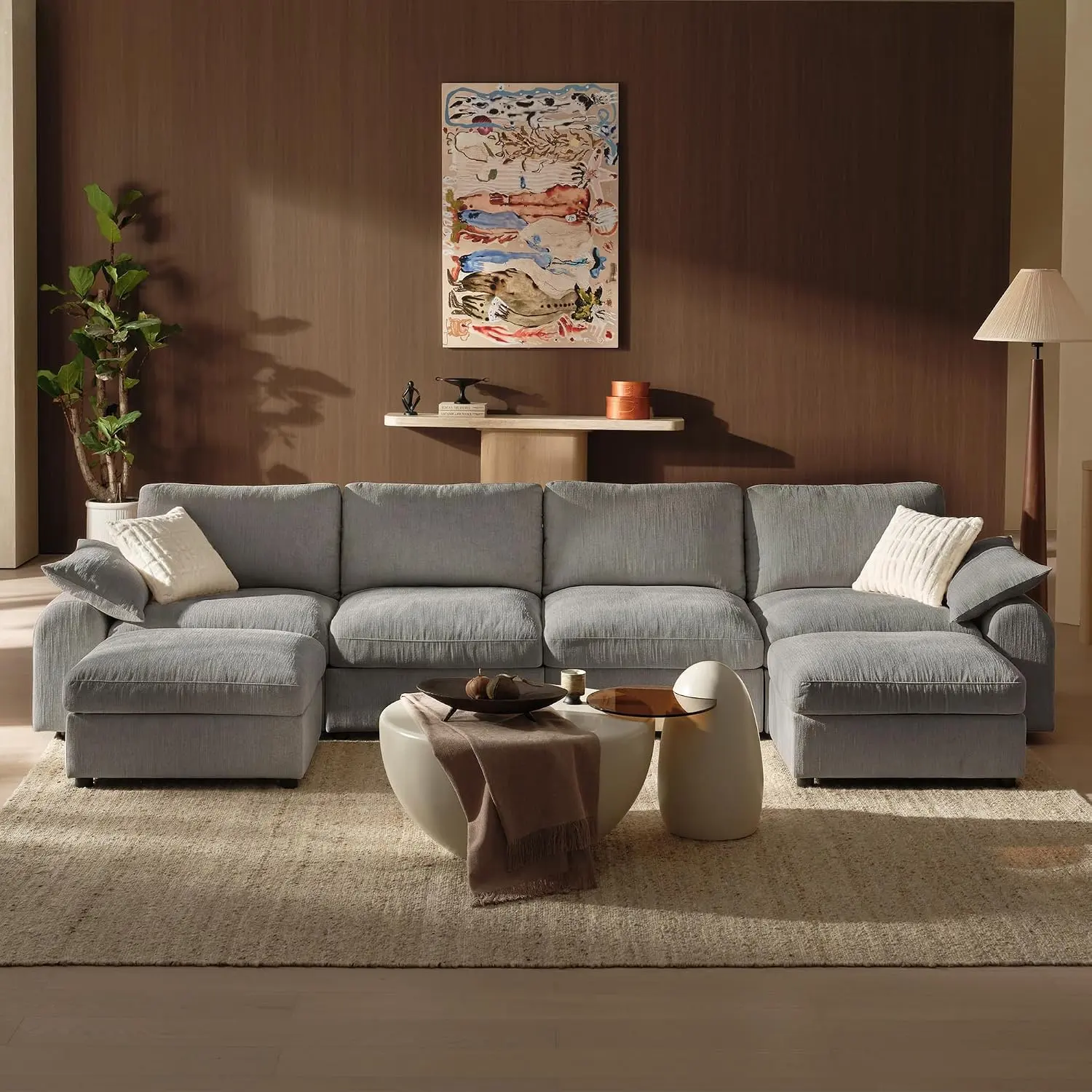 Gray OEKO-TEX Certified U-Shaped Modular Sectional Sofa Couches for Living Room - 145.6in 4-Seater, Down-Filled, Removable Chenille Cover, 2 Storage Ottomans, Tool-Free Assembly