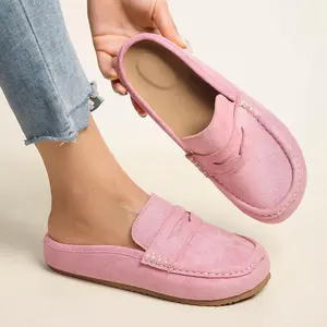 Women’s slip-on backless loafer mules, faux suede closed-toe moccasins, casual flat comfortable shoes for everyday wear