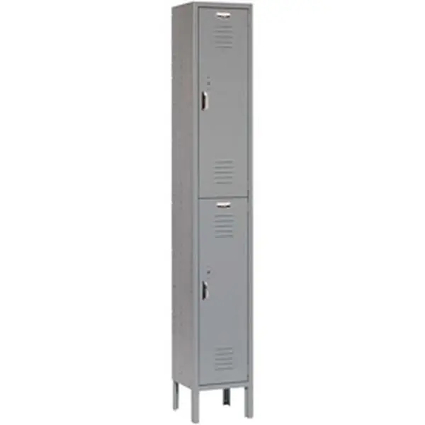 Global Industrial 652074GY 12 x 12 x 36 in. Double Tier Paramount 2-Doors Tall Locker Cupboard, Ready-to-Assemble, Gray, Floor-Mounted, Ventilation-Equipped Indoor Cabinet