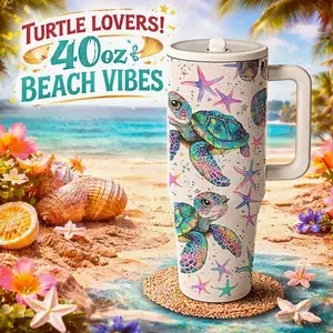 AuraCup 40oz Insulated Tumbler with Handle, Stainless Steel Vacuum Travel Mug, Insulated Flask, Sea Turtle Ocean Print, Large Capacity for Hot & Cold Drinks, Coffee Mug for Car Office Outdoor Use, with Lid and Straw, Drinkware