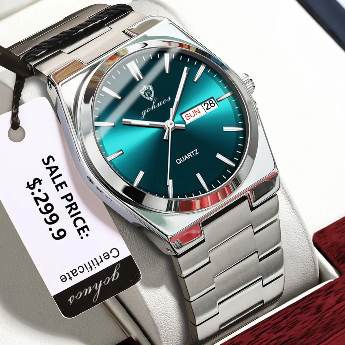 GOHUOS Upgraded Spring Style Minimalist Men’s 40mm Nautilus Look Watch, Business-Casual Round Dial Analog Quartz Watch with Green Dial, Waterproof Date, Ideal for Daily Wear-Party, Includes Free Box & Bag, Trendy All-Match, < 30M, Analog-Digital, Buckle,,