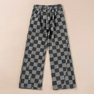 Dark Grey Checkered Denim Wide Leg Jeans