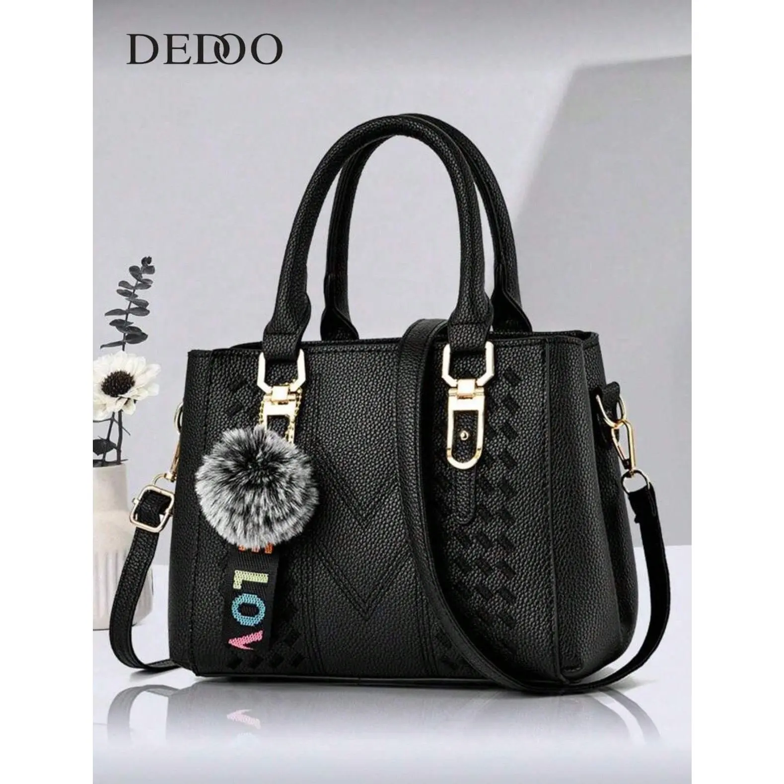 Women's Basic Adjustable Strap Fur Ball Pendant Crossbody Bag - Business Crossbody Purse, Everyday Bag, With Handles Women's Handbag for Office, Mom Gift-Ready
