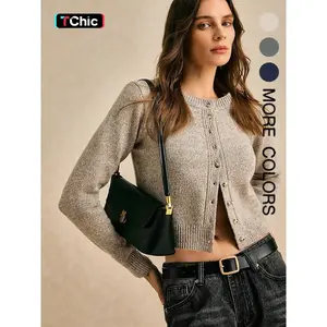 Vintage Women's Round Neck Knit Cardigan, Fashionable Long Sleeve Sweater with Unique Design, Soft and Comfortable Knitwear for Trendy