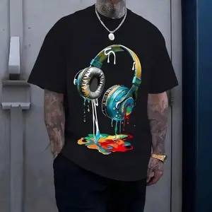 2026 Viral Melting Headphones Graphic T-Shirt, Men's Streetwear Music Tee, Black Cotton Oversized Top