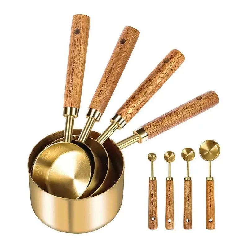 Accurate 8-Piece Gold 430 Stainless Steel Measuring Cups and Spoons Set with Comfortable Handles, Outdoor Camp Kitchen Utensils for Camping, Hiking, Cup/Spoon, Hiking / Light Outdoor, 8 Pieces, Durable, Precise, With Handle, Portable Cooking Utensils, Foo