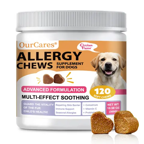 OURCARES Natural Chicken Flavored Dog Soft Chew Treats - 120-Chew Pack with Colostrum, Probiotics, Vitamin C, Coconut Oil, Flaxseed Oil for US Dogs' Allergy Relief, Digestive Well-being, Immune Support