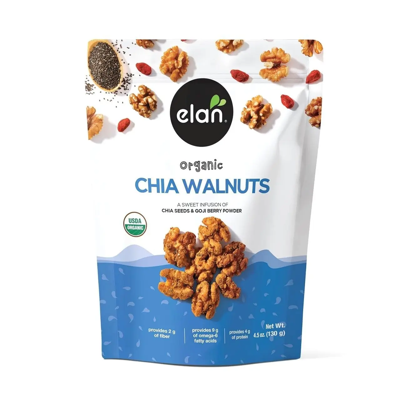 Elan Organic Chia Walnuts, 4.5 oz, Non-GMO, Gluten-Free, Vegan, Kosher, Healthy Snacks, Glazed Nuts with Chia Seeds, Goji Berry Powder & Himalayan Pink Salt, Superfood Infused Nuts