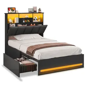 Sikaic Twin Size Bed Frame with Bookcase Headboard and Charging Station Black Bedroom Furniture Set