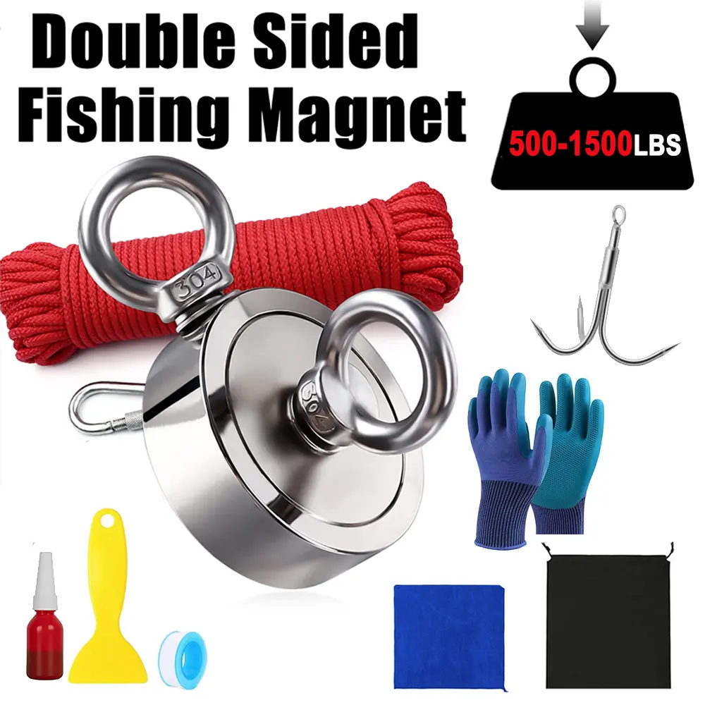 500-1500LBS Double Side Fishing Magnet, Heavy Duty Rare Earth Neo Dymium Magnet with Countersunk Hole Eyebolt, Rope and Carabiner for Retrieving Items in River, Lake, Beach, Lawn