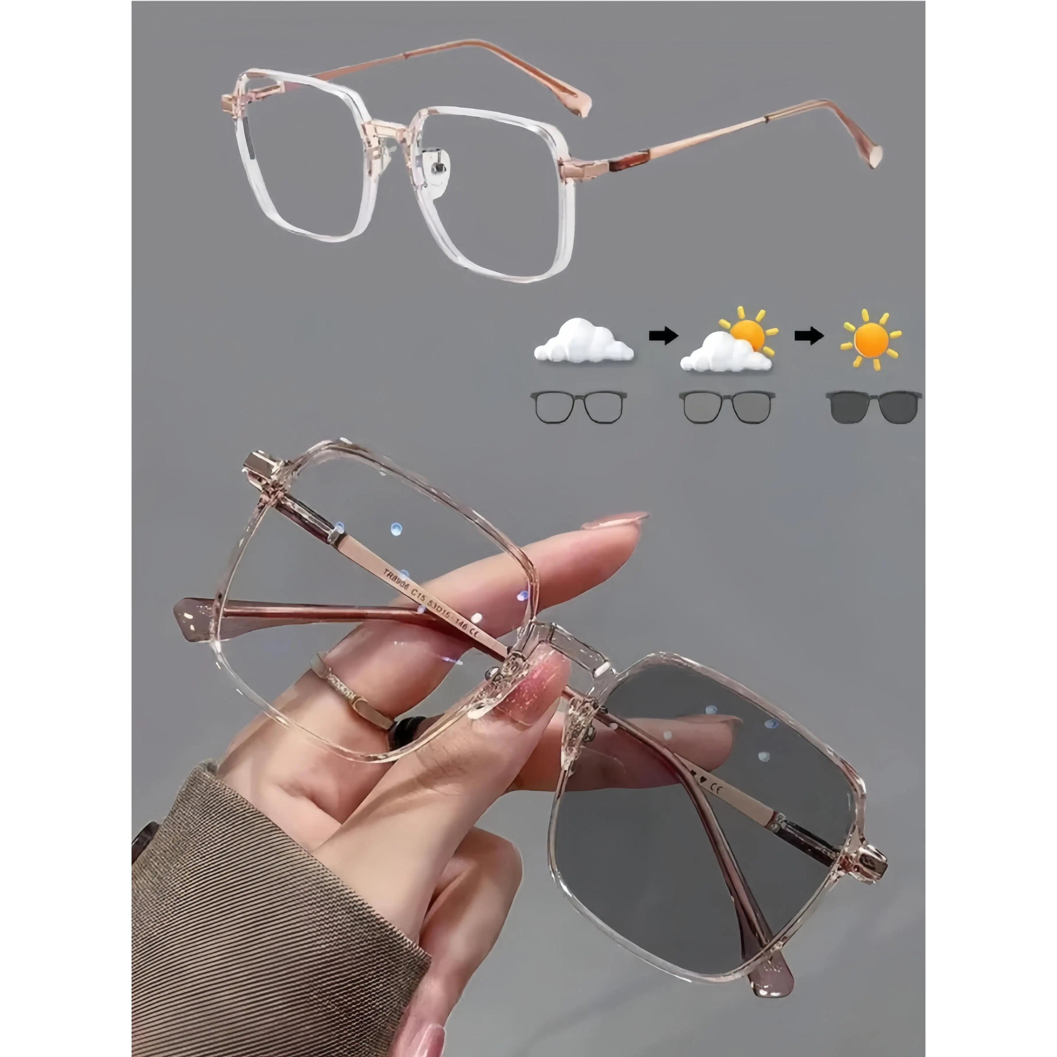 Unisex Classic Square Alloy Frame Eyeglasses, Photochromic Anti-Glare Lenses with Blue Light & Sun Protection for Work & Outdoor Use, Blue Light Glasses, Daily Wear, Resin Lens, Photochromatic Sports Eyewear