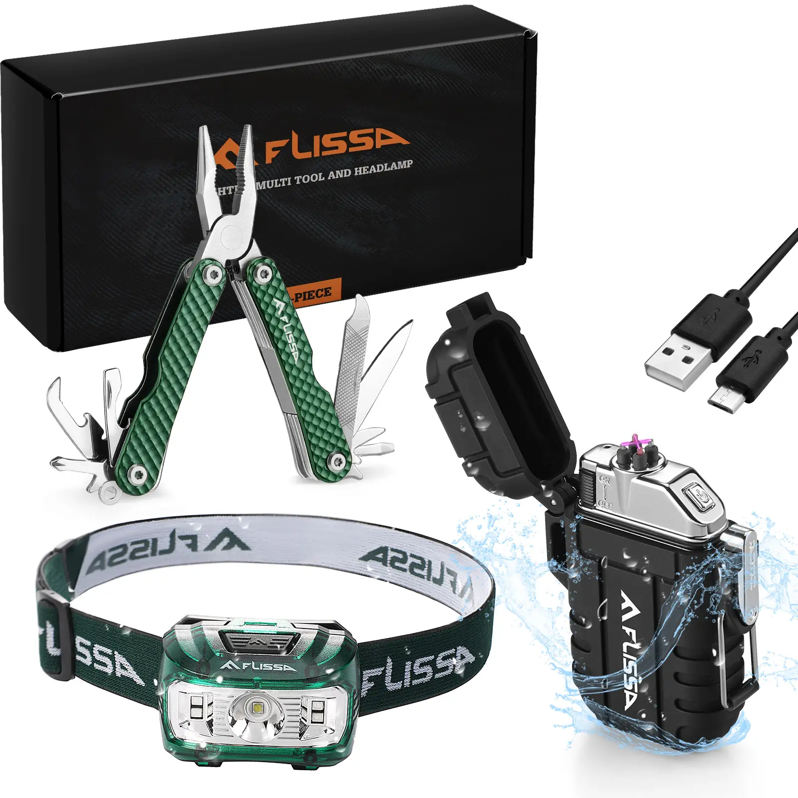 #backtoschool FLISSA 3Pcs Lighters Tool Set, Windproof Flameless USB Rechargeable Lighters, Waterproof LED Headlamp with 5 Light Modes, 12 in 1 Multitool Plier, Outdoors Survival Gears for Camping, Hiking, Hunting