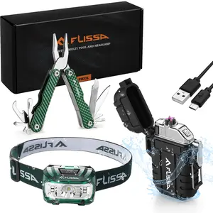 #SpringGlowUp FLISSA 3Pcs Lighters Tool Set, Windproof Flameless USB Rechargeable Lighters, Waterproof LED Headlamp with 5 Light Modes, 12 in 1 Multitool Plier, Outdoors Survival Gears for Camping, Hiking, Hunting