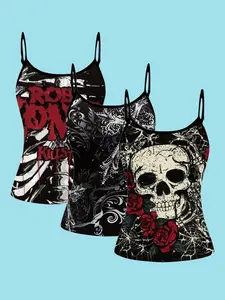 Women's Gothic Skull Printed Strapless Top Set, Punk Style Casual Slim Fit Tank Tops, All Season Fashion Clothing