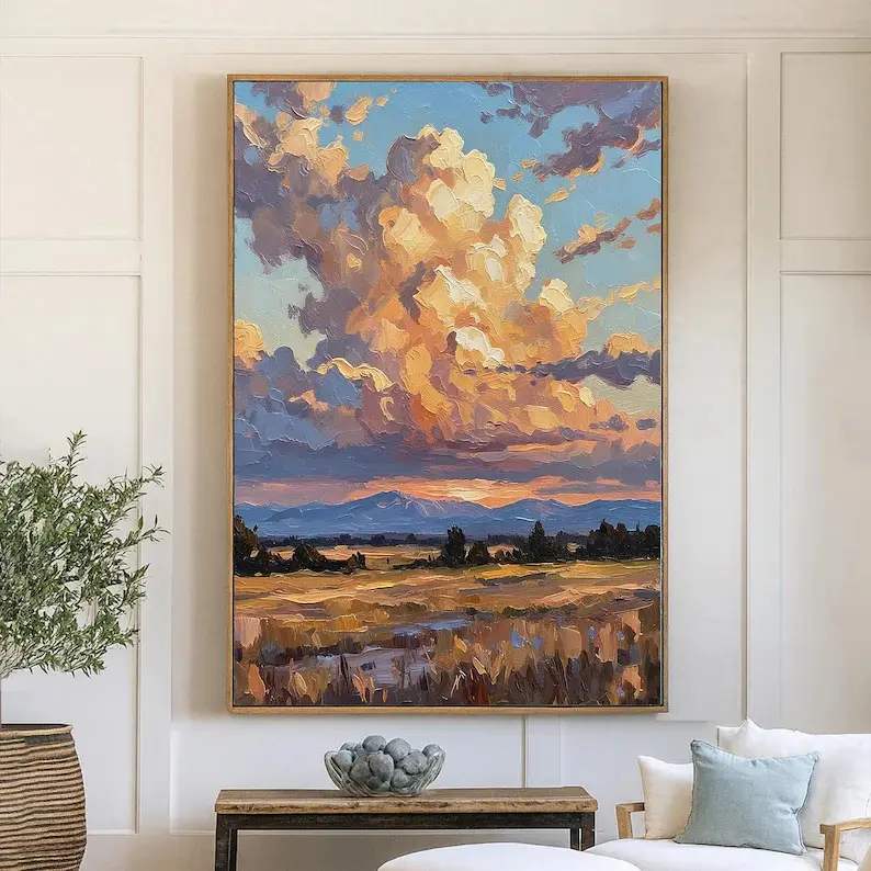 Original Golden Sunset Oil Painting on Canvas,Large Hand Painted Cloud and Field Wall Art,Textured Warm Landscape Decor for Living Room