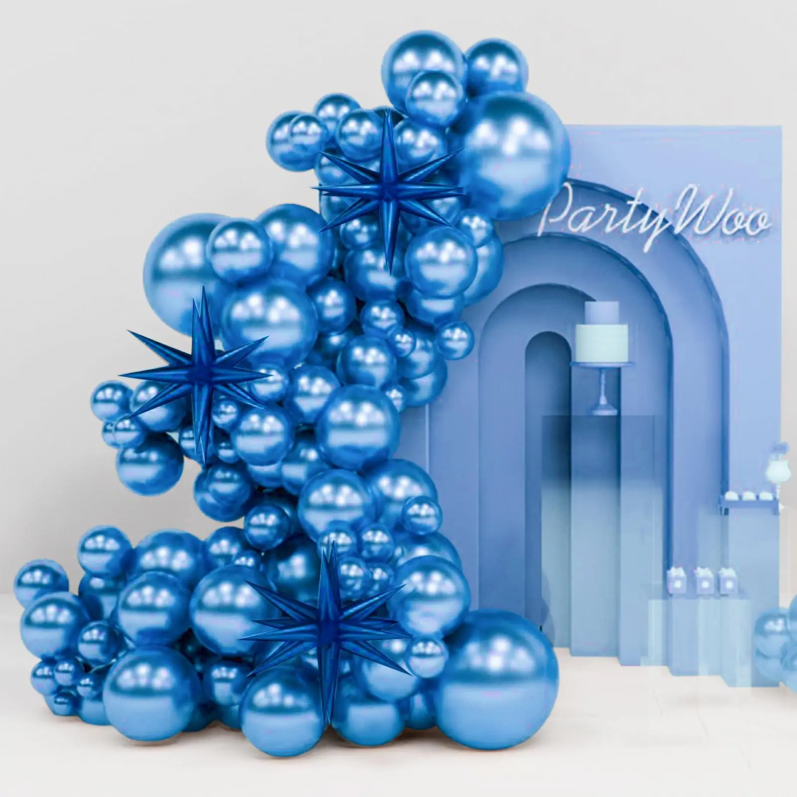 PartyWoo Aluminium Metallic Blue Star Spike Navy Balloons, 110pcs Assorted Sizes (18/12/10/5 in) with Ribbon+Straw Kit, for Birthday Decor, Anniversary, Party Decorations (Blue-G106)