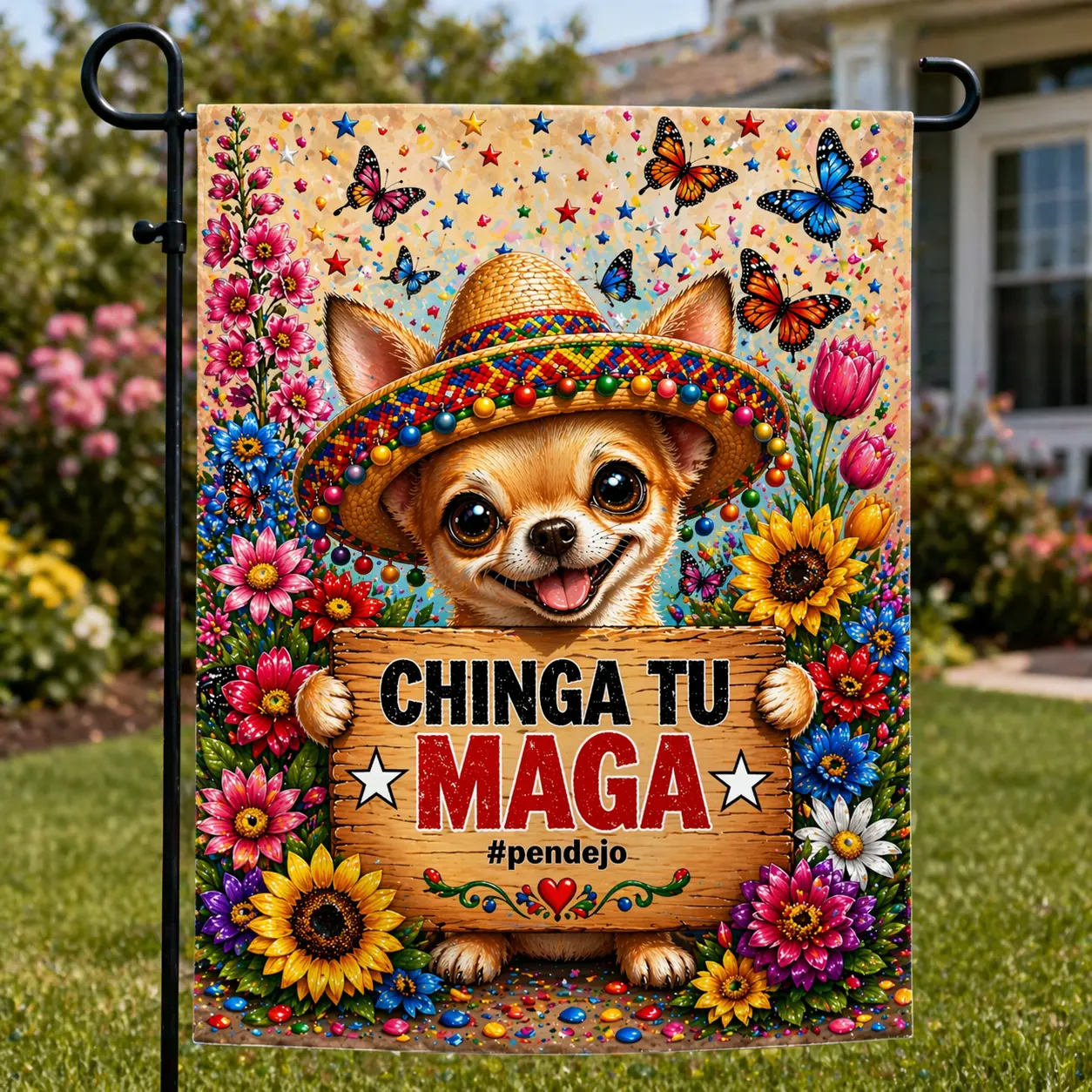 Chinga Tu MAGA Yard Flag – Funny Chihuahua Garden Flag, Bold Political Humor Outdoor Décor, Colorful Floral Lawn Flag 17.25x12.5