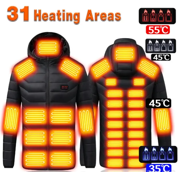 USB Heated Hoodie Jacket for Men and Women, 31 Heating Zones Long Sleeve Winter Coat, Adjustable Heat Levels, Thermal Outerwear for Outdoor Sports, Daily Wear, Hiking, Camping, Cold Conditions