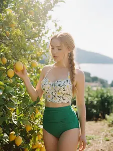 Hot Retro Stage 1950s Sweet Sexy Two-Piece Bikini Set Halter-Neck High-Waisted with Floral Adornments Green Medium Stretch Perfect for Sunbathing Beach Vacations Pool Parties