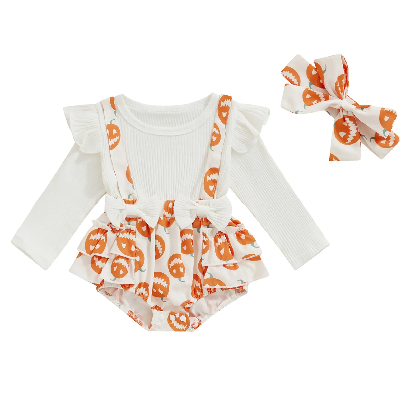 0-18M Baby Girl Halloween Romper Long Sleeves Pumpkin Print Side Tiered Ruffled Hem Jumpsuit with Headband