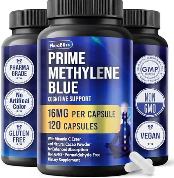 FloraBliss 120 Methylene Blue Capsules - Natural Cacao and Vitamin C Ester for Added Support, Cognitive Supplement, 60-Day Supply - Vegan, Non-GMO, Gluten-Free