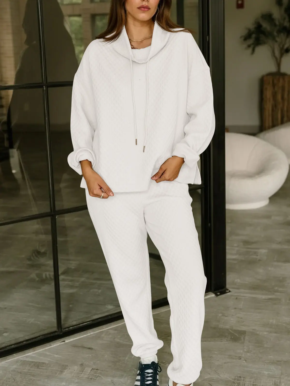 FISOEW Womens 2 Piece Outfits Textured Turleneck Drawstring Sweatshirts Jogger SweatPants Casual Loose Tracksuits