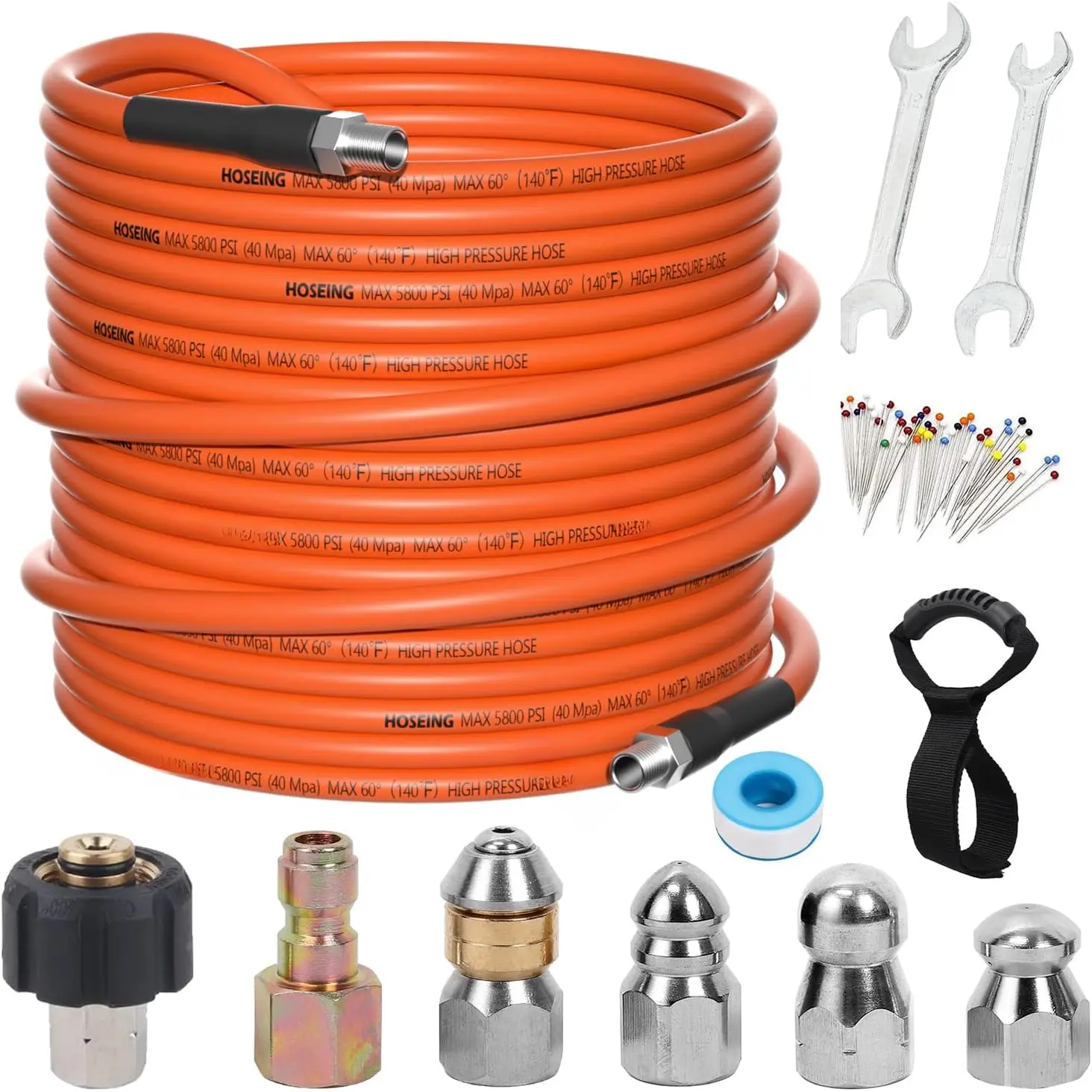 50FT Sewer Jetter Kit for  Washer, 5800 PSI Water Jet Drain Cleaner Hose With Corner Rotating Button Nose Nozzle, 1/4 Inch NPT, Spanner Handle and Strap